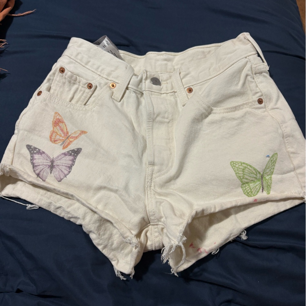 Levi's Cream and Green Jean Shorts with Whimsical Design